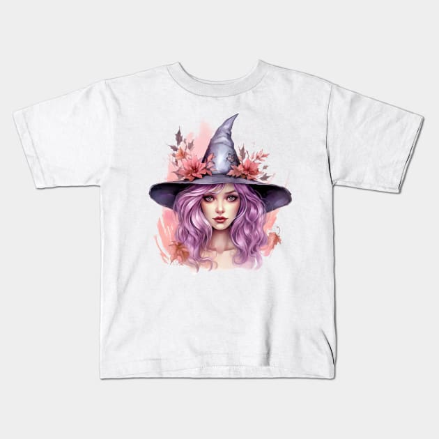 Pink Halloween Witch Portrait #1 Kids T-Shirt by Chromatic Fusion Studio